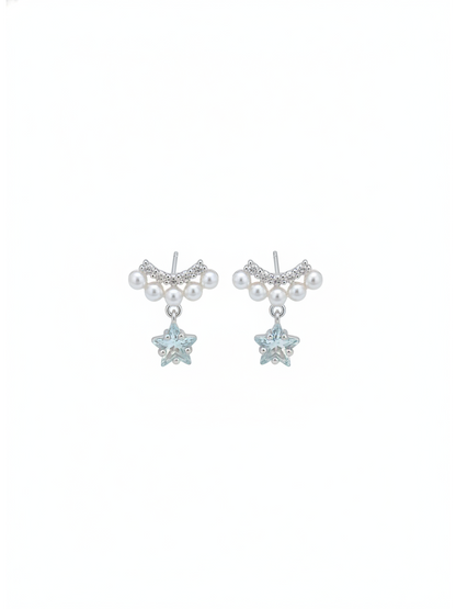 Pearl And Blue Star Drop Rhodium with Sterling Silver Posts Earring 1