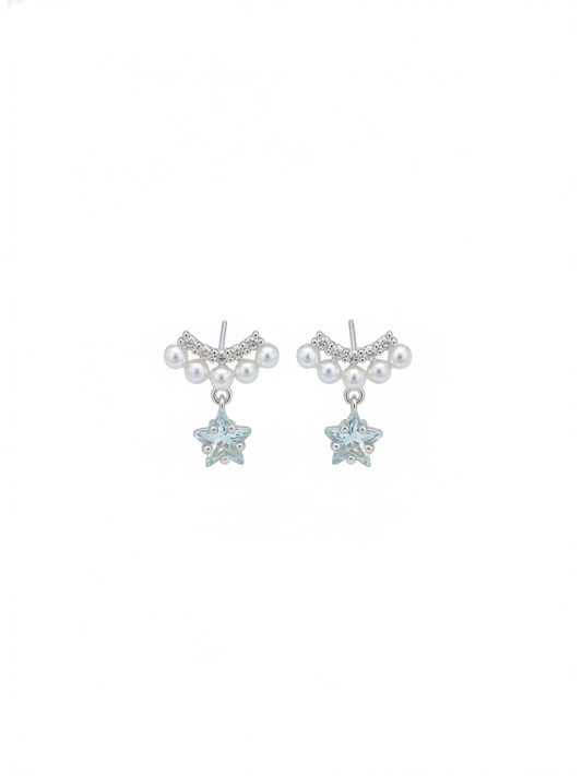 Pearl And Blue Star Drop Rhodium with Sterling Silver Posts Earring 1