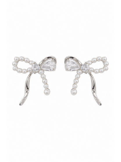 Pearl Bow Rhodium with Sterling Silver Posts Earring 1