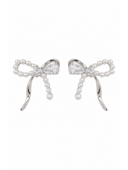 Pearl Bow Rhodium with Sterling Silver Posts Earring 1