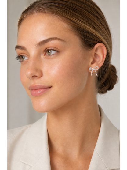 Pearl Bow Rhodium with Sterling Silver Posts Earring 3