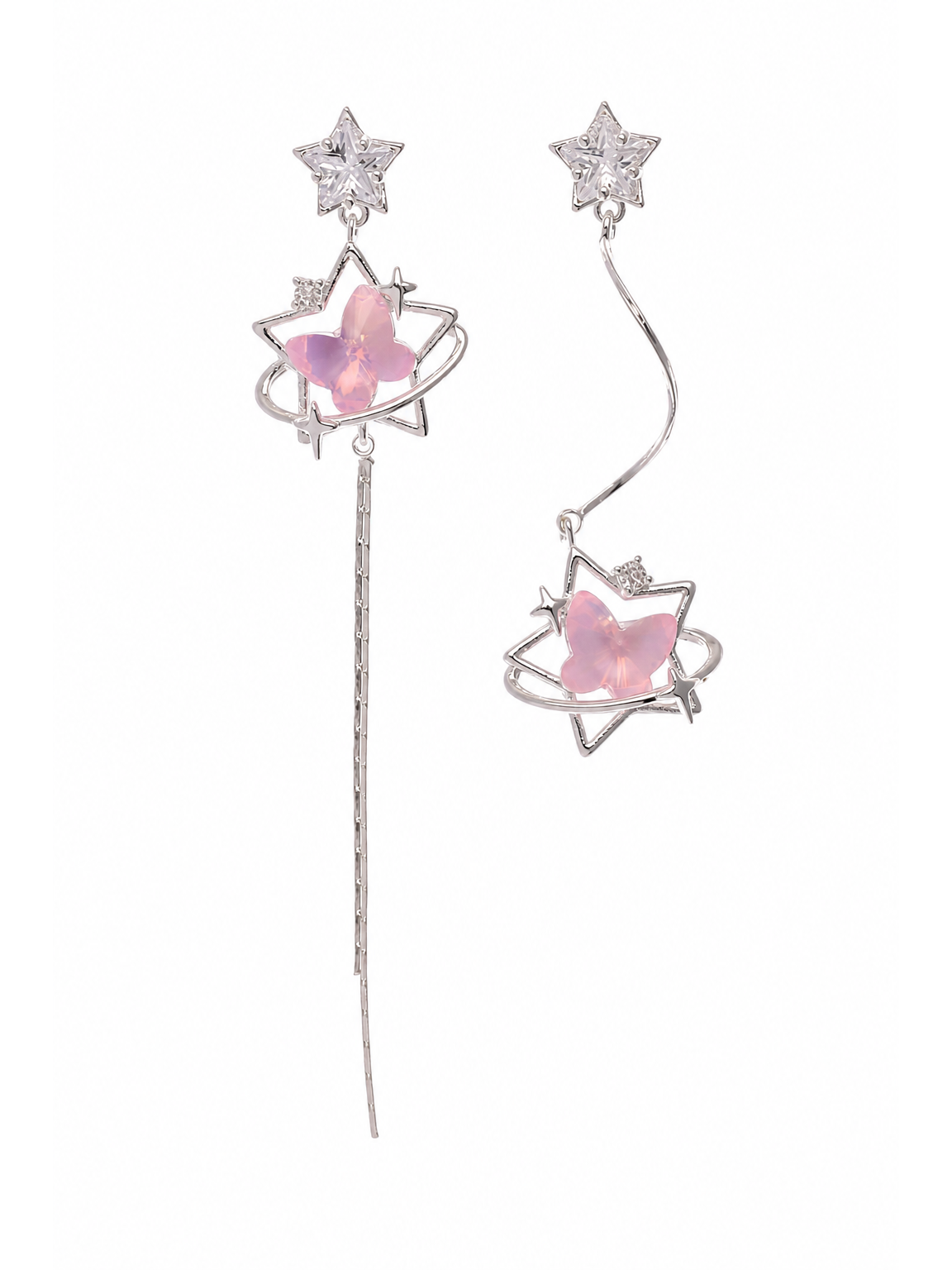 Plated Pink Butterfly Star Asymmetrical Drop Rhodium with Sterling Silver Posts Earring 1