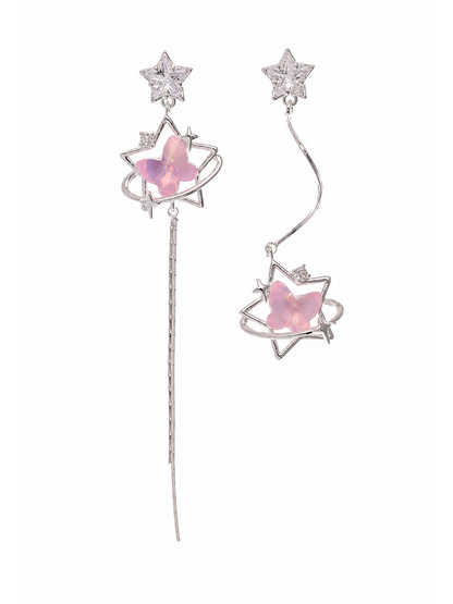 Plated Pink Butterfly Star Asymmetrical Drop Rhodium with Sterling Silver Posts Earring 1