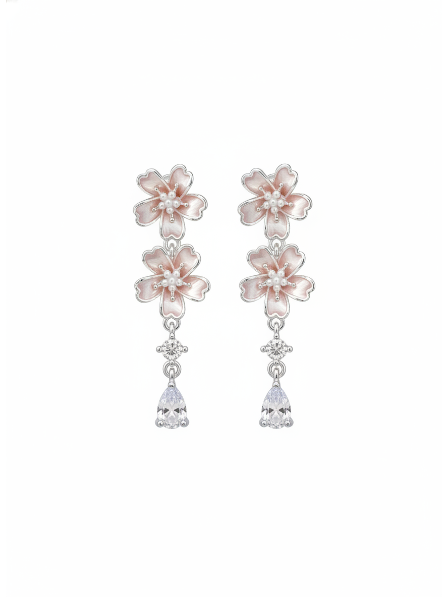 Pink Floral Drop Rhodium with Sterling Silver Posts Earring 1
