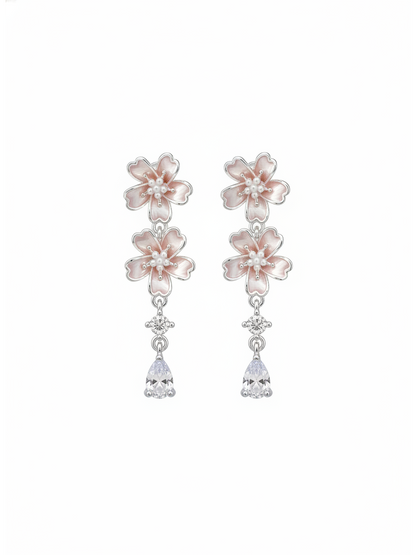 Pink Floral Drop Rhodium with Sterling Silver Posts Earring 1