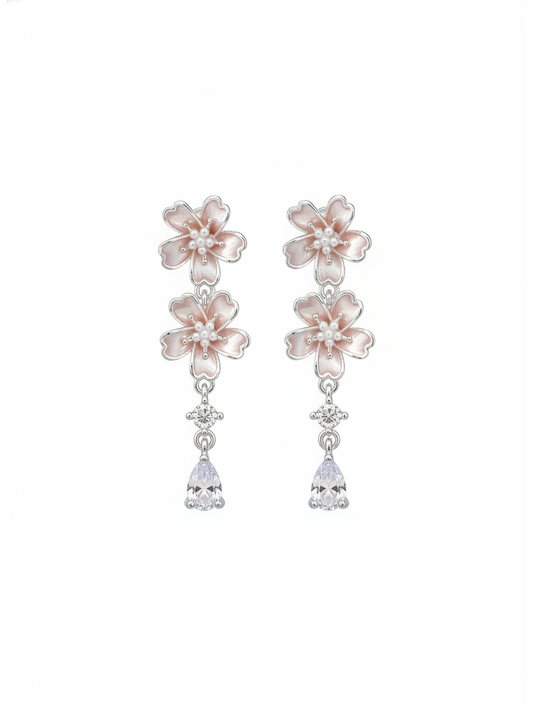 Pink Floral Drop Rhodium with Sterling Silver Posts Earring 1