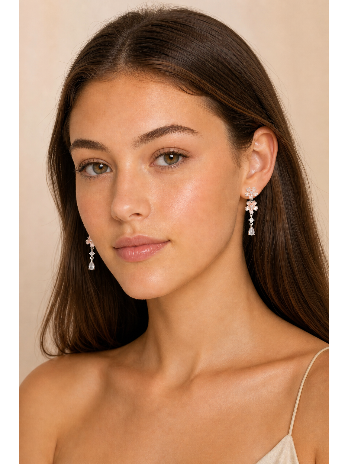 Pink Floral Drop Rhodium with Sterling Silver Posts Earring 3
