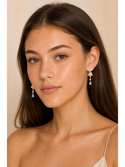 Pink Floral Drop Rhodium with Sterling Silver Posts Earring 3
