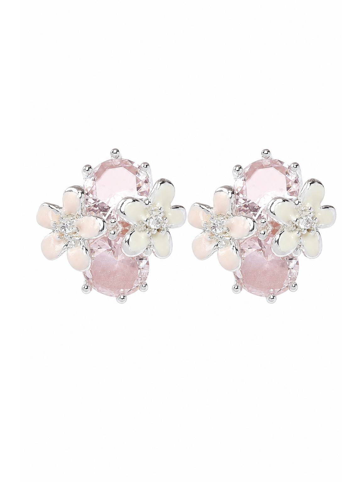 Pink Zircon Flower Rhodium with Sterling Silver Posts Earring 1