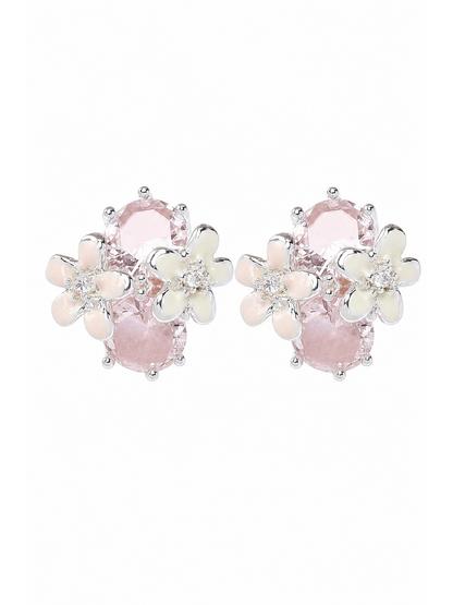 Pink Zircon Flower Rhodium with Sterling Silver Posts Earring 1