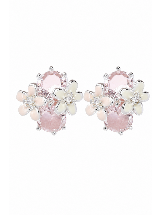 Pink Zircon Flower Rhodium with Sterling Silver Posts Earring 1