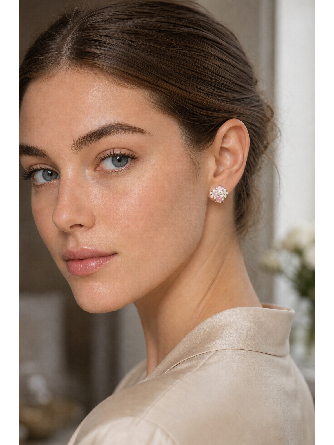 Pink Zircon Flower Rhodium with Sterling Silver Posts Earring 3