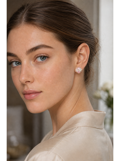 Pink Zircon Flower Rhodium with Sterling Silver Posts Earring 3