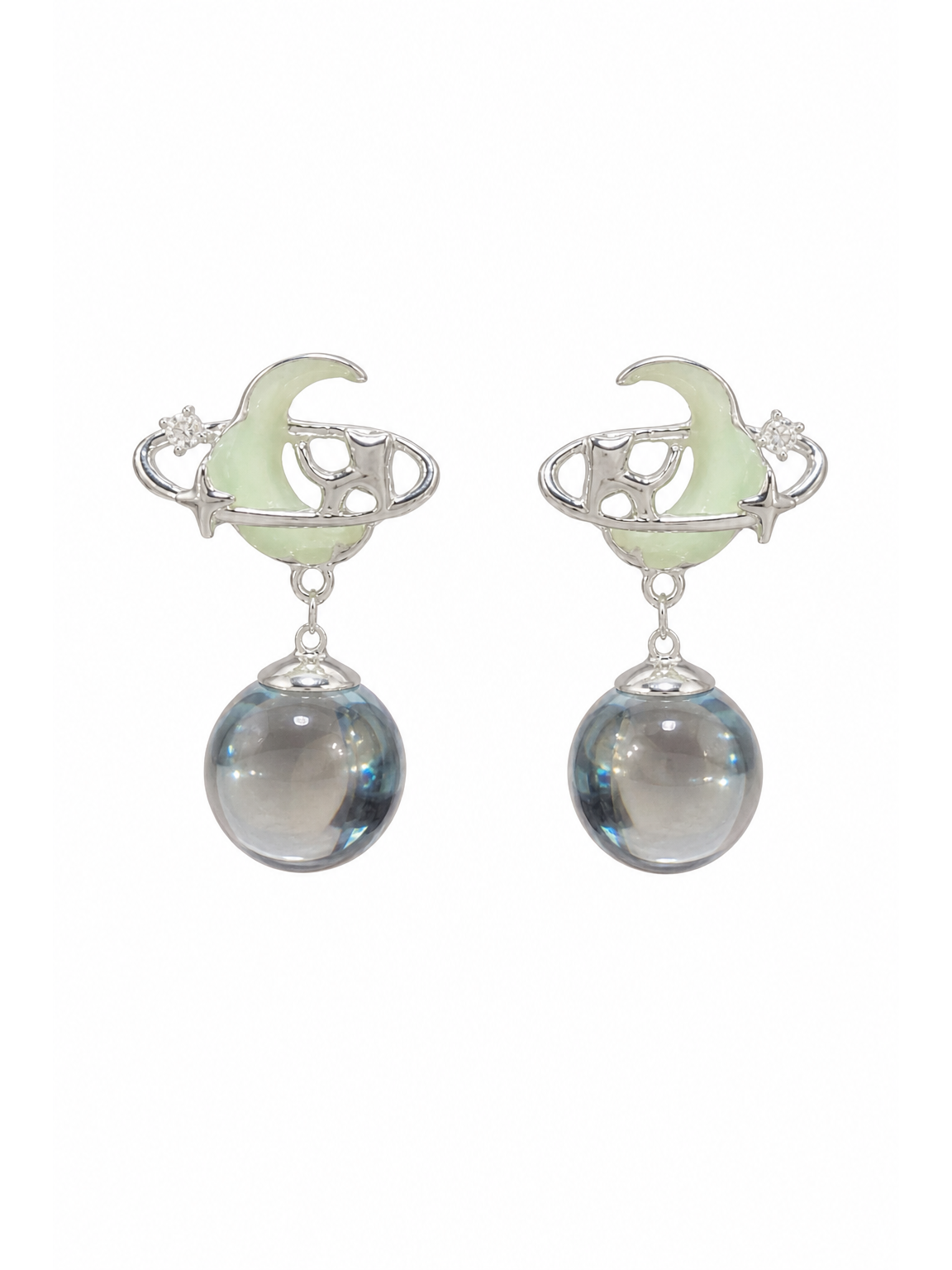 Planet And Moon Drop Rhodium with Sterling Silver Posts Earring 1