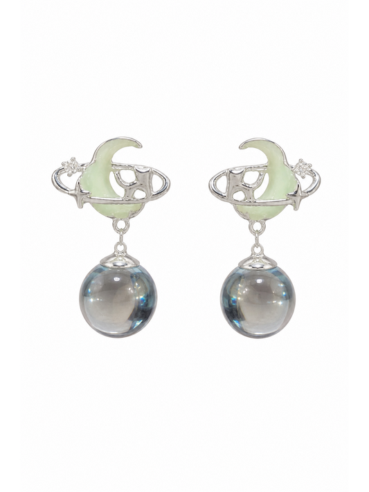 Planet And Moon Drop Rhodium with Sterling Silver Posts Earring 1