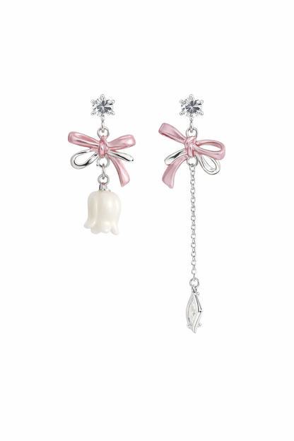 Plated Asymmetric Flower Bow Drop With Zircon Rhodium with Sterling Silver Posts Earring 1