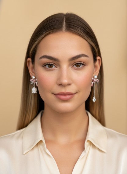Plated Asymmetric Flower Bow Drop With Zircon Rhodium with Sterling Silver Posts Earring 2