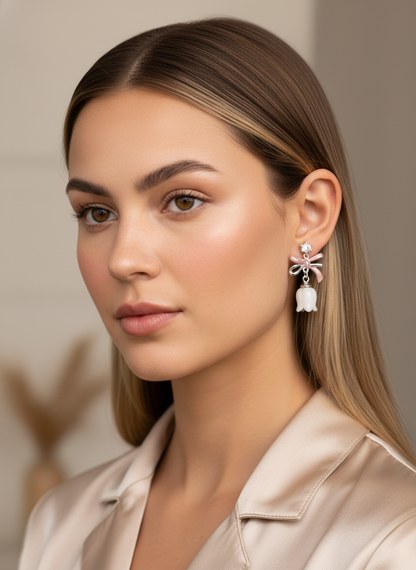 Plated Asymmetric Flower Bow Drop With Zircon Rhodium with Sterling Silver Posts Earring 3