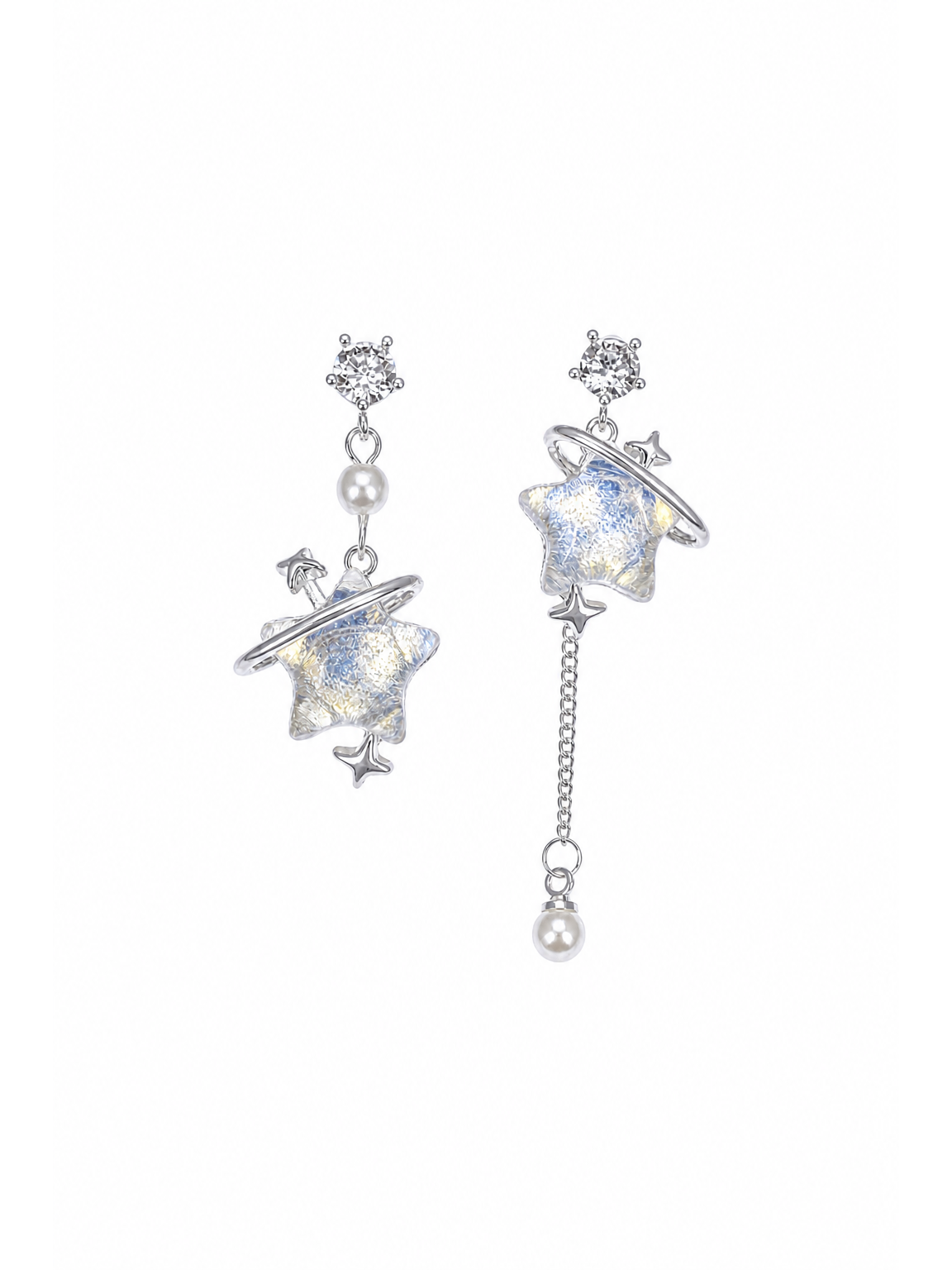Plated Asymmetric Planet Star Drop Rhodium with Sterling Silver Posts Earring 1