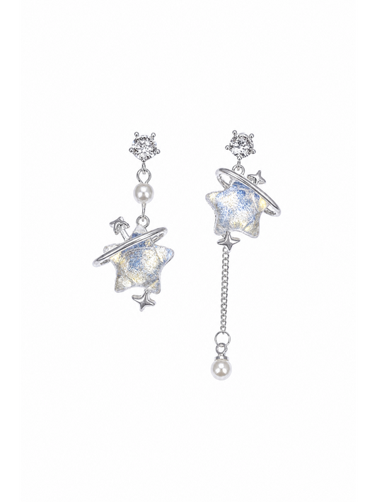 Plated Asymmetric Planet Star Drop Rhodium with Sterling Silver Posts Earring 1
