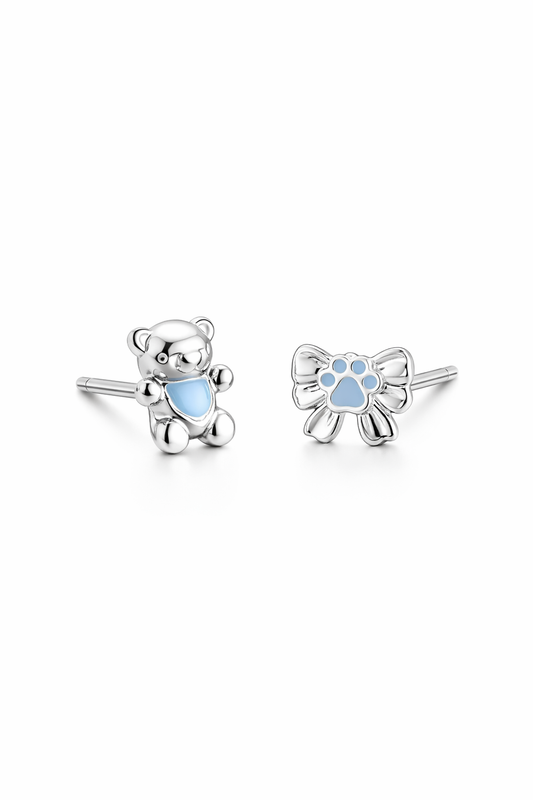 Plated Cute Bear & Paw , Rhodium with Sterling Silver Posts Earring 1