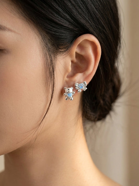 Plated Cute Bear & Paw , Rhodium with Sterling Silver Posts Earring 2