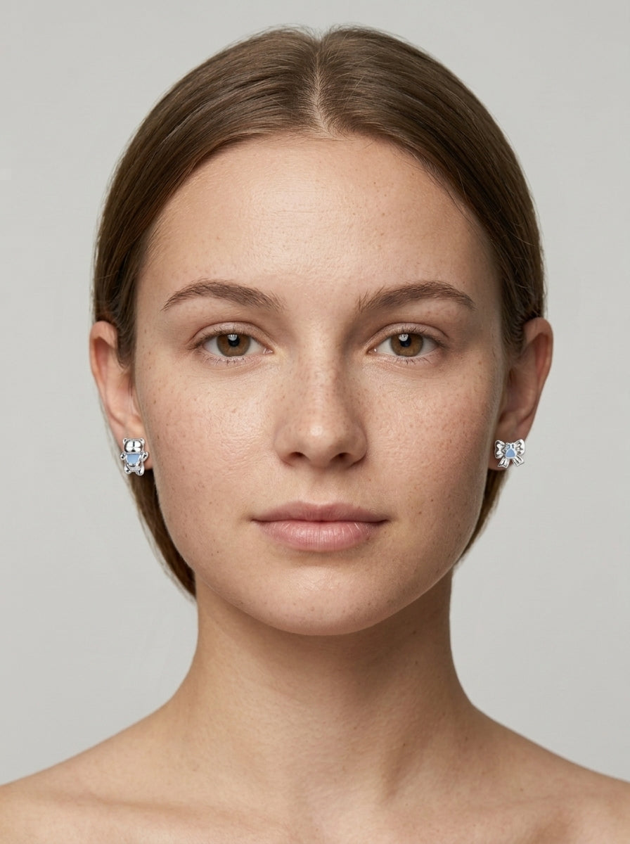 Plated Cute Bear & Paw , Rhodium with Sterling Silver Posts Earring 3