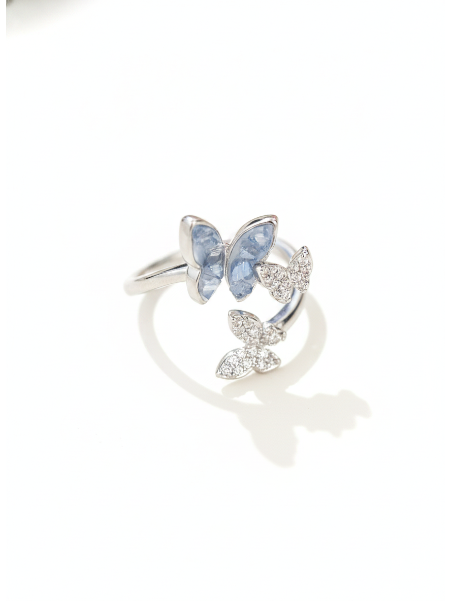 Rhodium Plated Blue Butterfly Open Ring 1