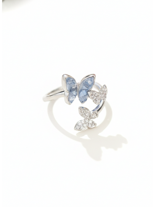 Rhodium Plated Blue Butterfly Open Ring 1