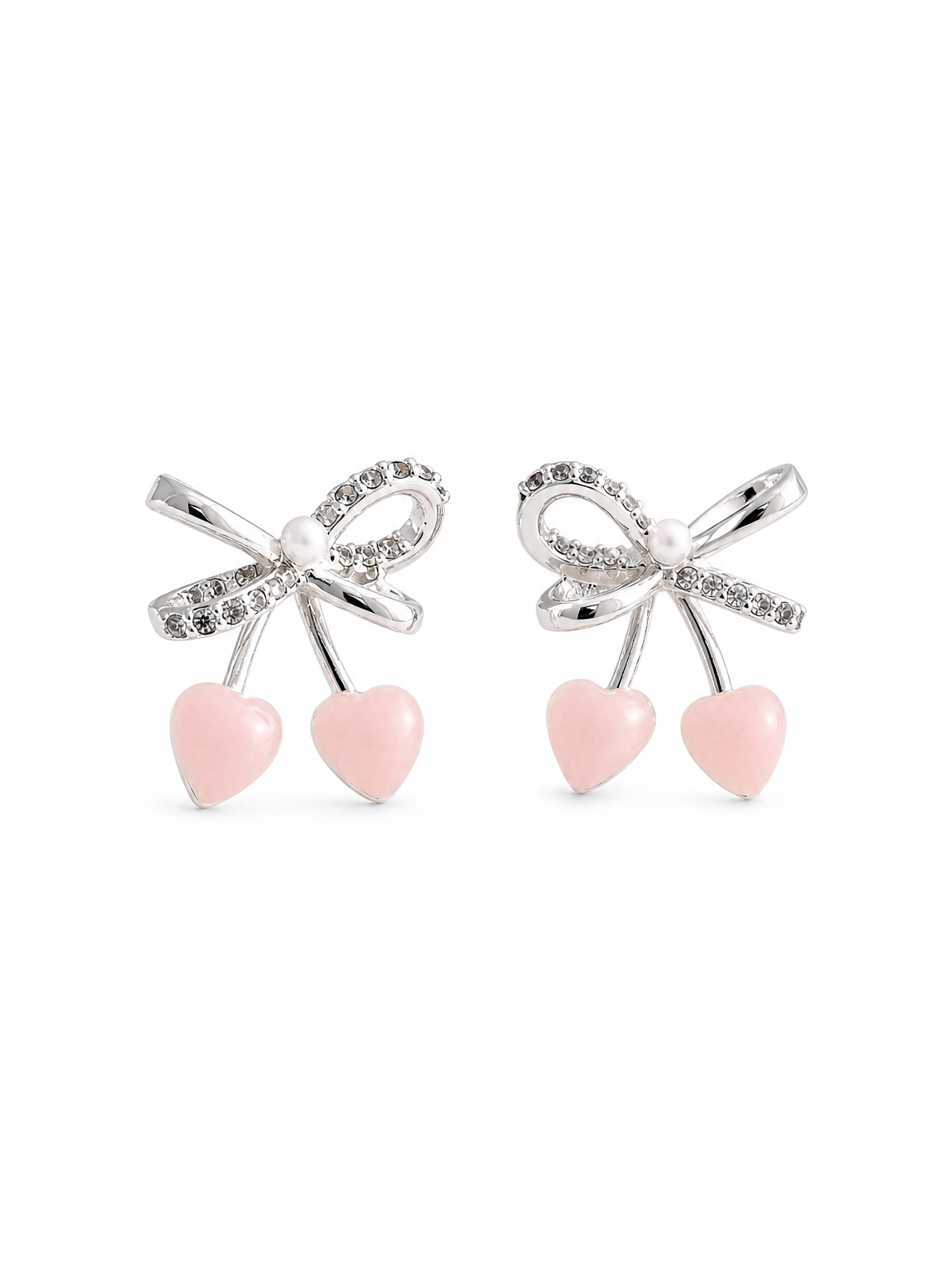 Plated Bow And Heart With Pink Accent Rhodium with Sterling Silver Posts Earring 1