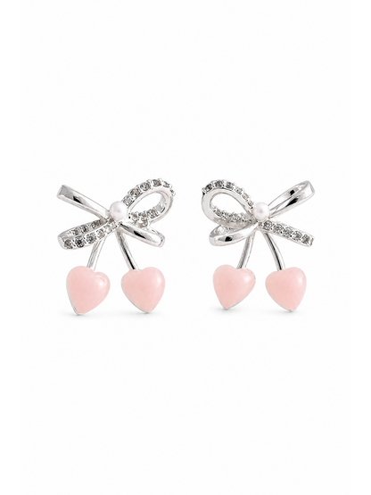 Plated Bow And Heart With Pink Accent Rhodium with Sterling Silver Posts Earring 1