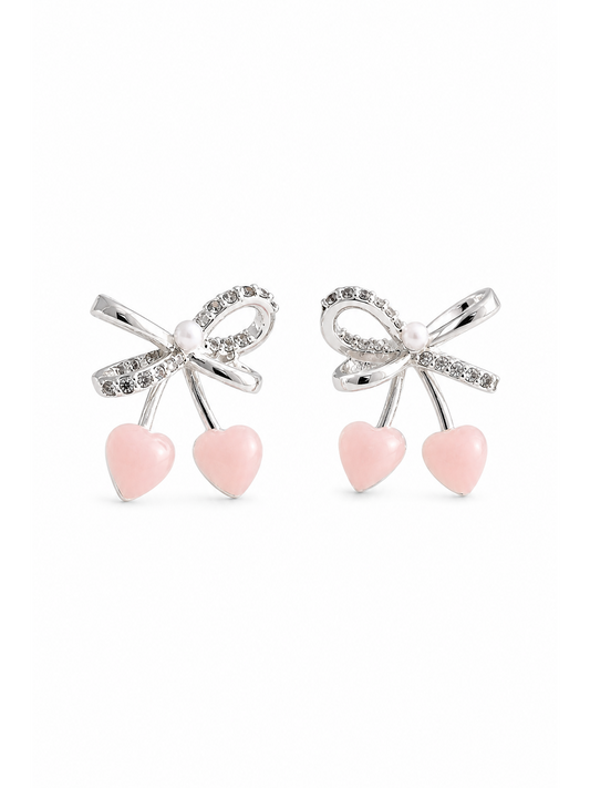Plated Bow And Heart With Pink Accent Rhodium with Sterling Silver Posts Earring 1