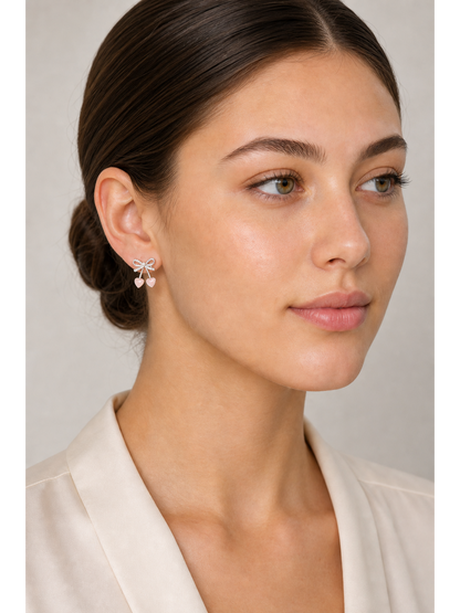 Plated Bow And Heart With Pink Accent Rhodium with Sterling Silver Posts Earring 3