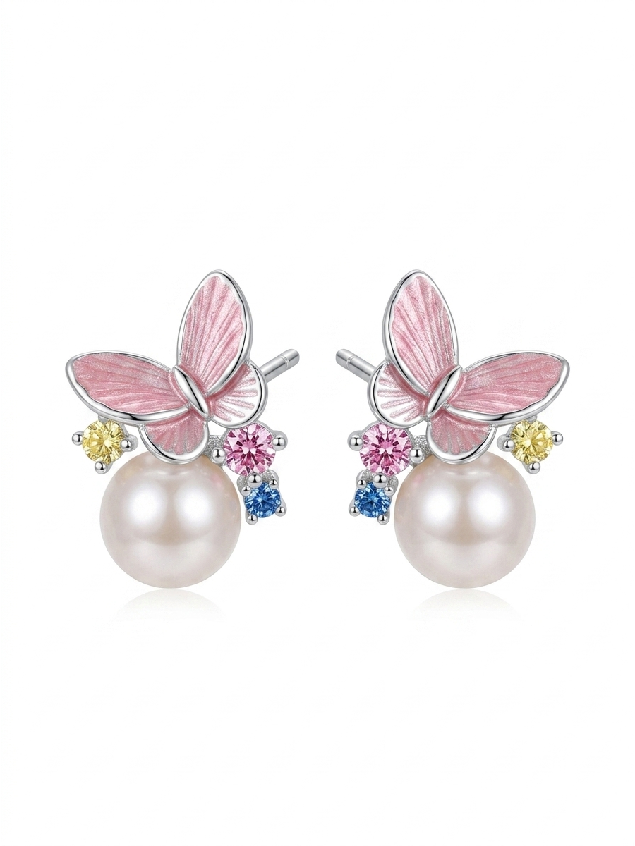 Plated Butterfly Pearl With Colorful Zircon Rhodium with Sterling Silver Posts Earring 1