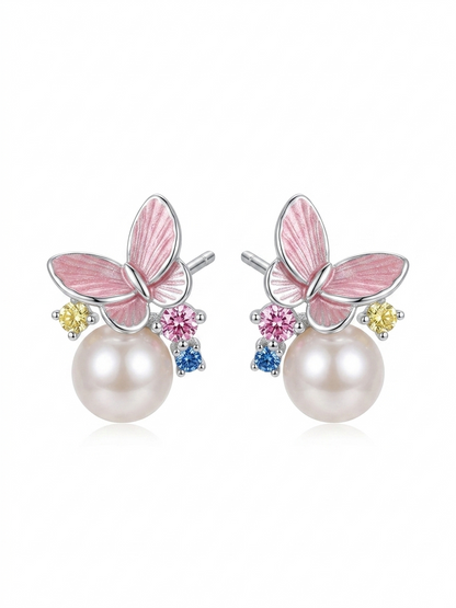 Plated Butterfly Pearl With Colorful Zircon Rhodium with Sterling Silver Posts Earring 1