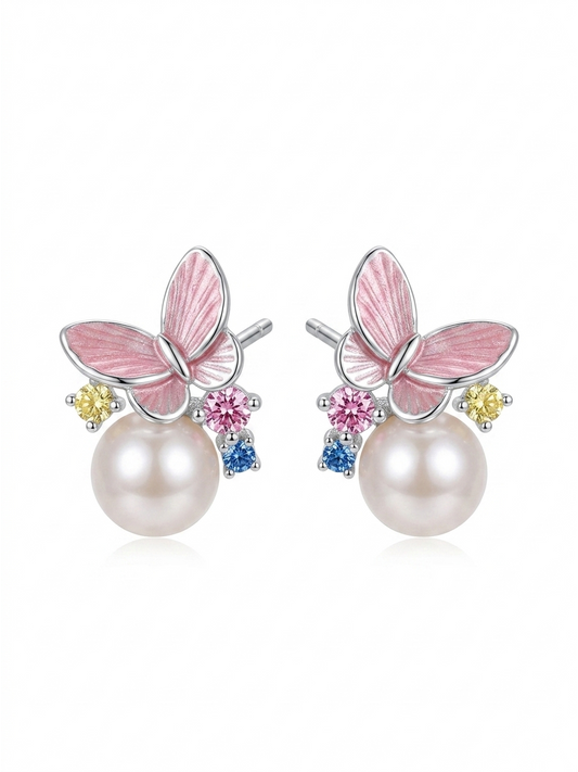 Plated Butterfly Pearl With Colorful Zircon Rhodium with Sterling Silver Posts Earring 1