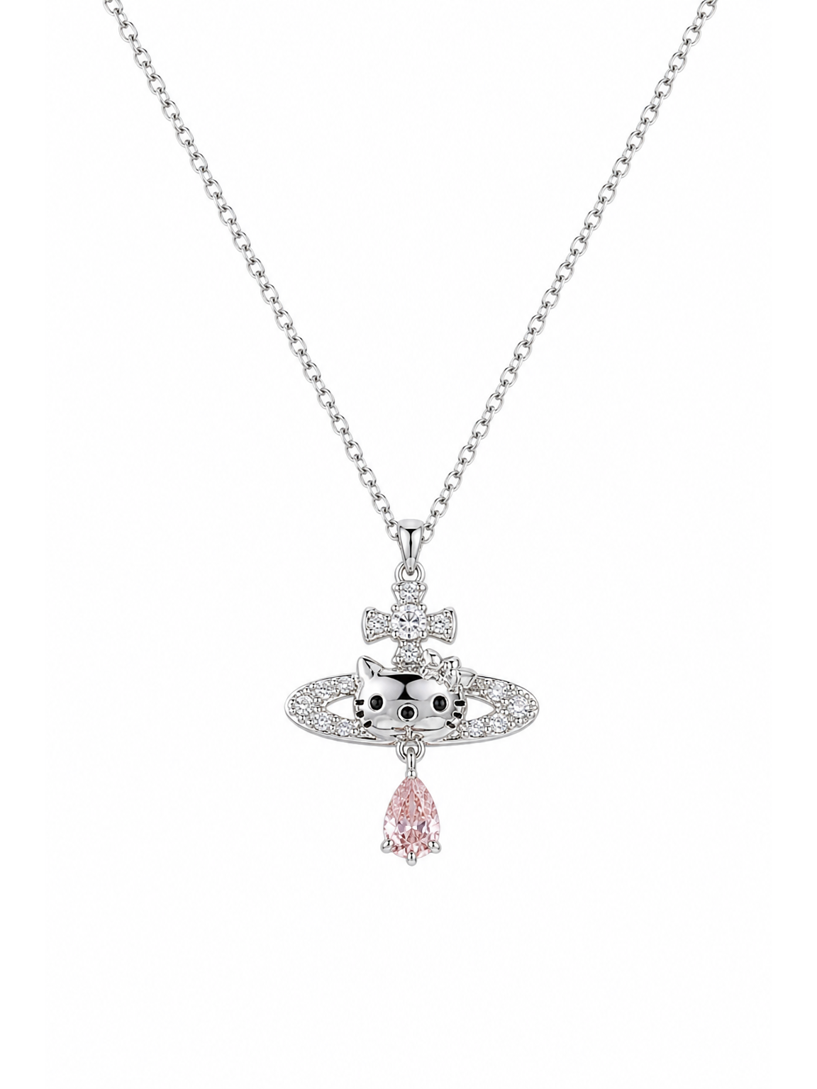 Rhodium Plated Cat Orbit Pendant Necklace with Pink Drop Charm 1