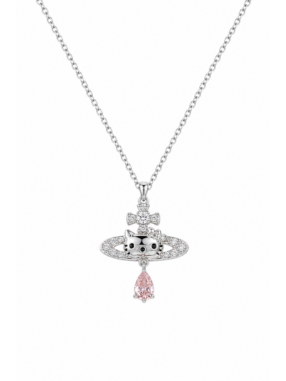 Rhodium Plated Cat Orbit Pendant Necklace with Pink Drop Charm 1