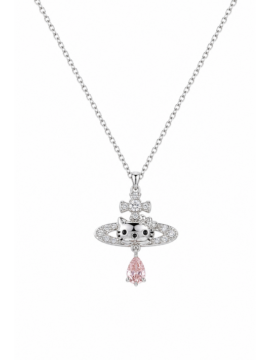 Rhodium Plated Cat Orbit Pendant Necklace with Pink Drop Charm 1