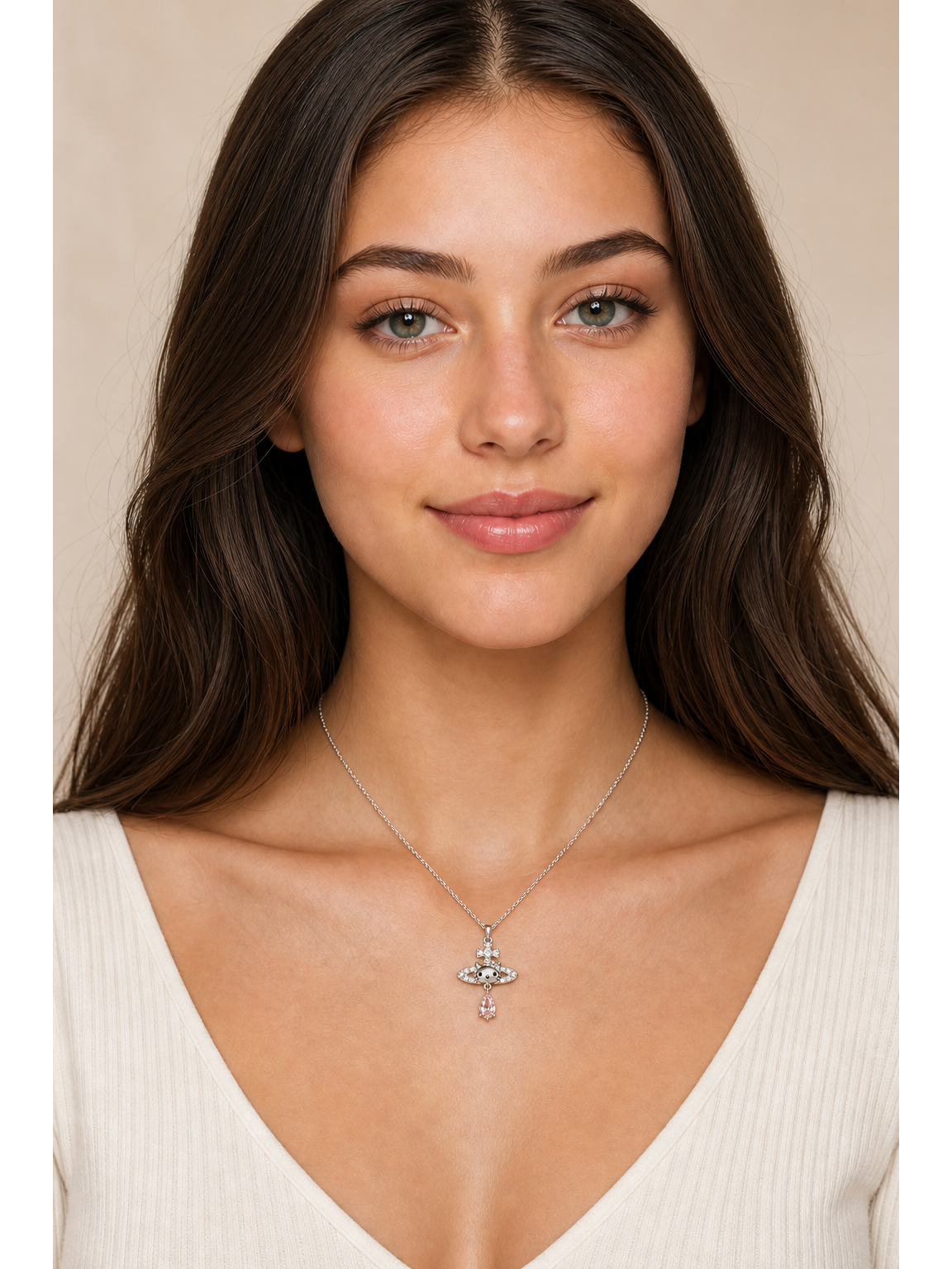 Rhodium Plated Cat Orbit Pendant Necklace with Pink Drop Charm 2