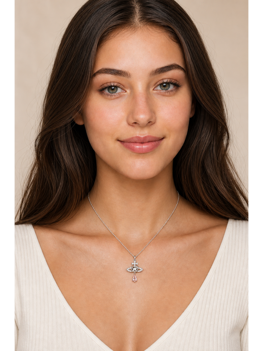 Rhodium Plated Cat Orbit Pendant Necklace with Pink Drop Charm 2