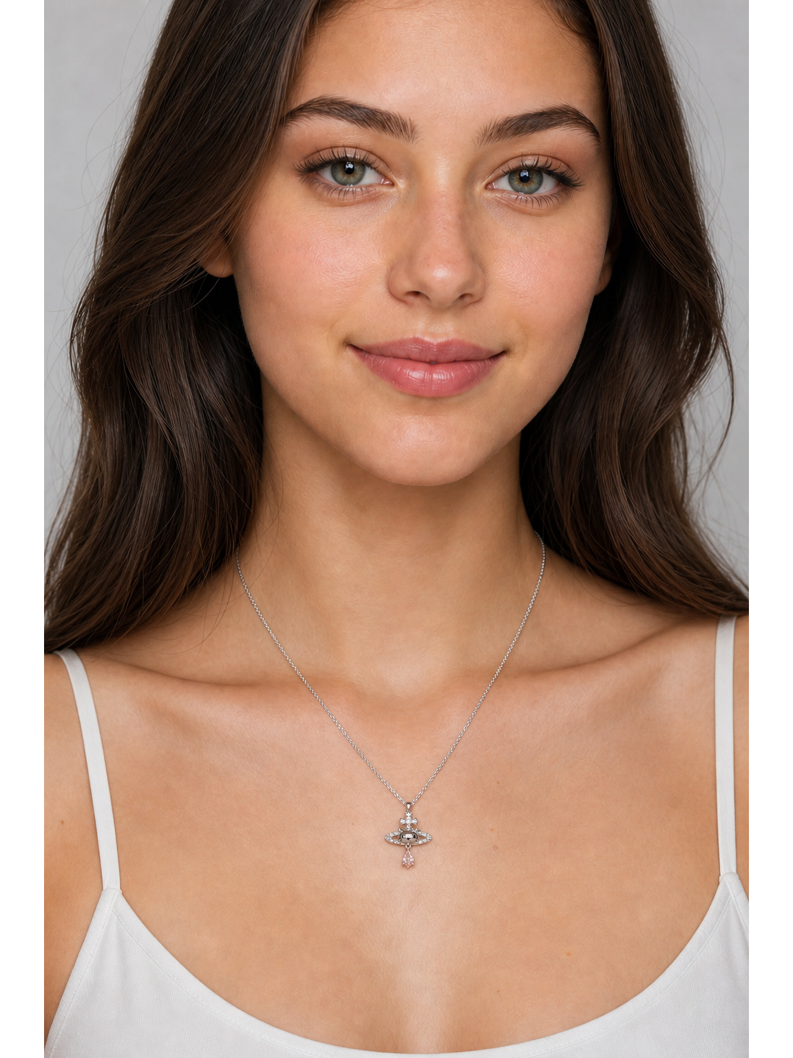 Rhodium Plated Cat Orbit Pendant Necklace with Pink Drop Charm 3
