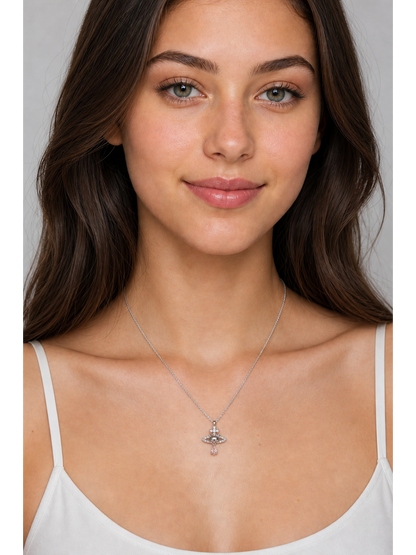 Rhodium Plated Cat Orbit Pendant Necklace with Pink Drop Charm 3