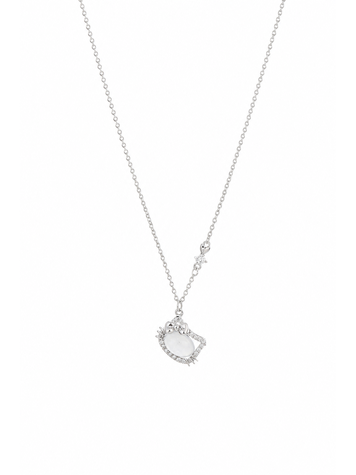 Rhodium Plated Cat Pendant Necklace with Zircon Accents 1