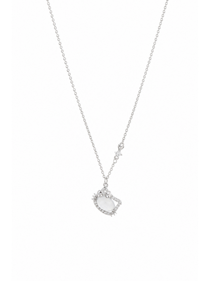 Rhodium Plated Cat Pendant Necklace with Zircon Accents 1