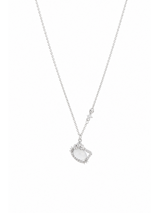 Rhodium Plated Cat Pendant Necklace with Zircon Accents 1