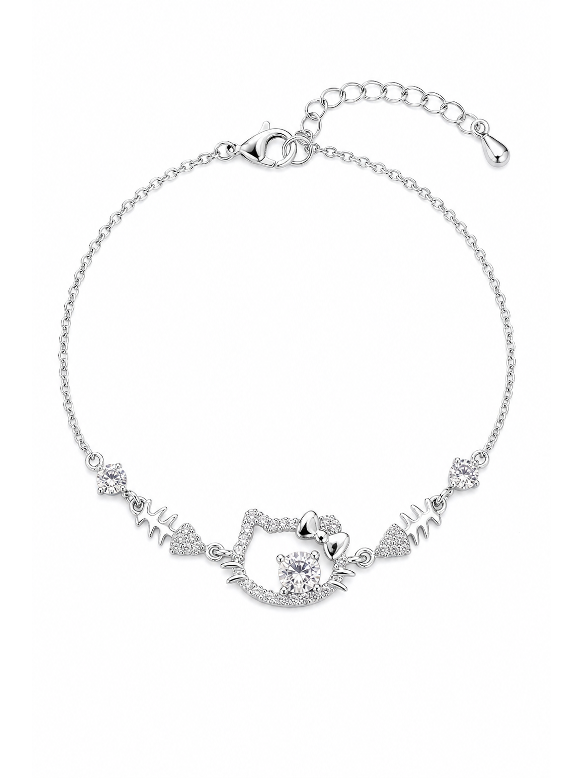 Rhodium Plated CZ Cat Bracelet with Fishbone Charms 1