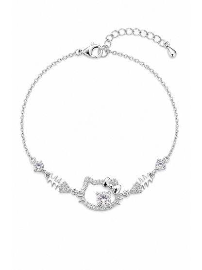 Rhodium Plated CZ Cat Bracelet with Fishbone Charms 1
