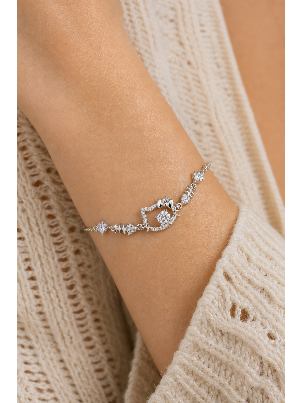 Rhodium Plated CZ Cat Bracelet with Fishbone Charms 2
