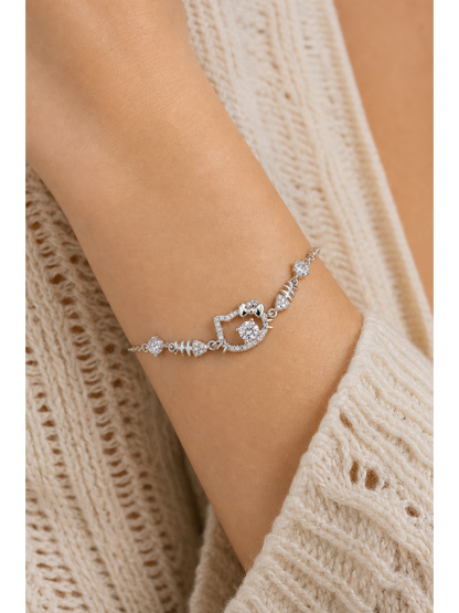 Rhodium Plated CZ Cat Bracelet with Fishbone Charms 2